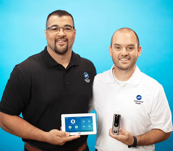 Revamped Security CEO and COO holding home security devices.