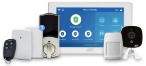 Security devices including smart lock, camera, motion sensors, key fob, and door/window sensors.